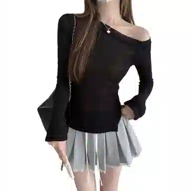 水中花 微透长袖修身斜领韩版上衣针织衫 女款