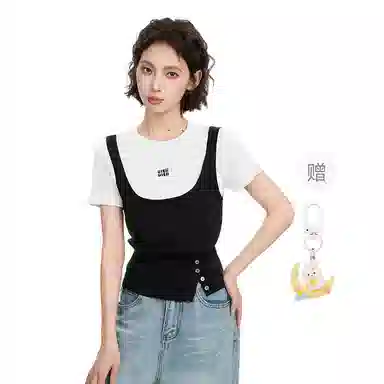 柏黛妃 假两件撞色修身圆领收腰短袖针织衫 女款