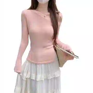 水中花 微透长袖修身斜领韩版上衣针织衫 女款