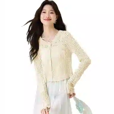 恒源祥 圆领镂空配吊带裙冰丝防晒开衫外套时尚纯色百搭长袖夏季针织衫 女款