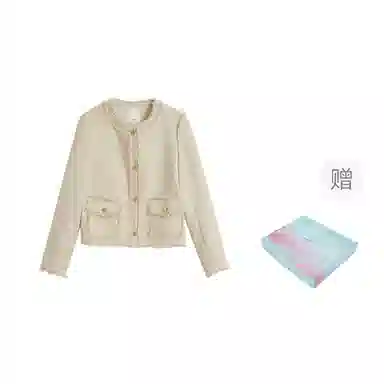 茵曼 优雅小香风短款外套毛边圆领长袖截短外套 女款