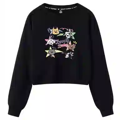 棉致 喵喵伙伴纯色简约圆领弹力吸湿透气短款宽松套头长袖卫衣 女