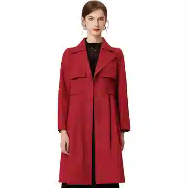 粉红玛琍 纯色中长款西装领长袖风衣 女款