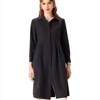 粉红玛琍 纯色中长款长袖风衣 女款 蓝色