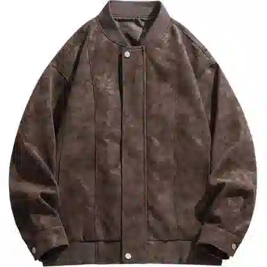 欧迪芬 复古做旧机车简约休闲宽松金属拉链皮衣 男女同款