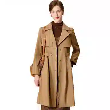 粉红玛琍 纯色中长款西装领长袖风衣 女款