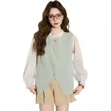 法文箱子 纯色圆领单排扣马甲 女款