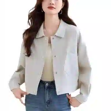 曲韩 翻领口袋牛仔上衣时尚宽松显瘦长袖春秋截短外套 女款