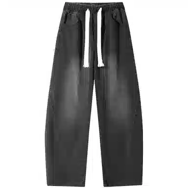 加菲猫家族 美式高街松紧系带中腰复古水洗宽松做旧阔腿垂感舒适休闲百搭牛仔裤 男女同款