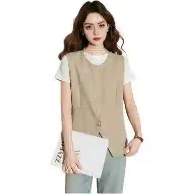 法文箱子 纯色圆领单排扣马甲 女款