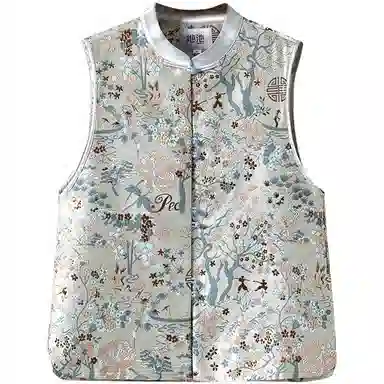 她池 新中式立领盘扣复古提花叠穿马甲 女款 青色