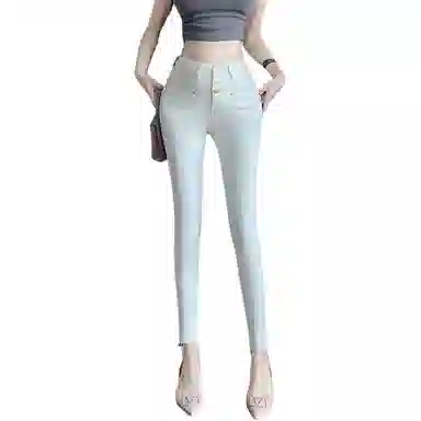 思蓓儿 高腰纯色修身铅笔牛仔裤 女款 米白色