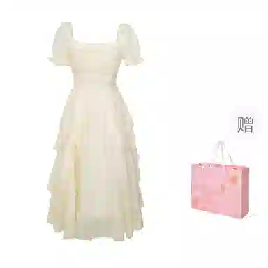 桴生 泡泡袖法式方领温柔短袖连衣裙 女款