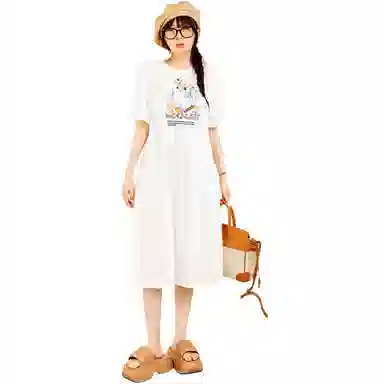 木果果木 甜美兔子宽松简约中长款短袖连衣裙 女款