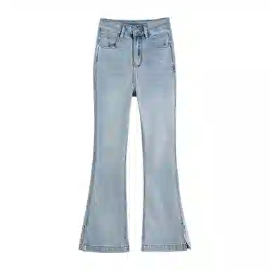 莫代尔 高腰修身开叉九分喇叭牛仔裤 女款 浅蓝色