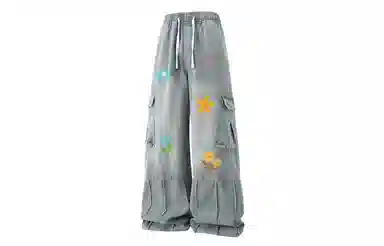 冰飞 美式印花涂鸦线条工装裤大口袋个性设计手绘字母休闲时尚潮流百搭显瘦宽松拖地裤牛仔裤 男女同款
