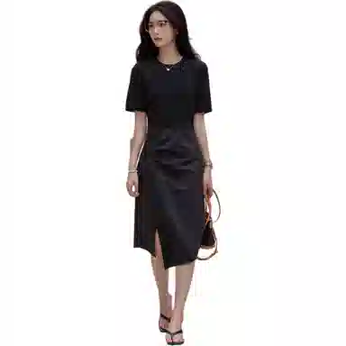 【dme】 纯色圆领修身中长款短袖连衣裙 女款 黑色