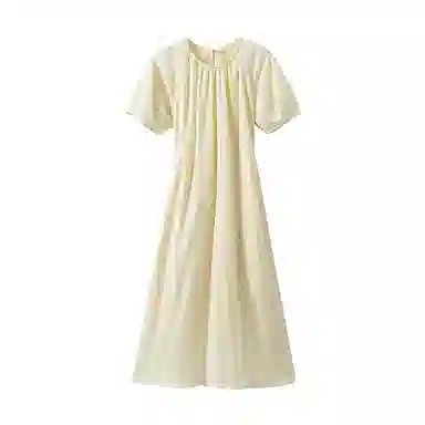 茵曼 圆领中长款纯色短袖连衣裙 女款
