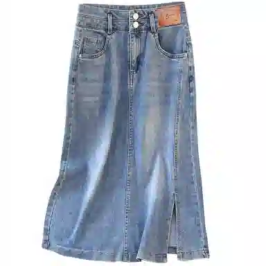 她池 纯色高腰简约牛仔长裙 女款 浅蓝色
