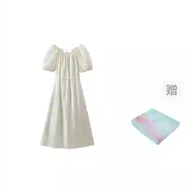 茵曼 纯色方领收腰泡泡袖短袖连衣裙 女款 礼盒装 淡香杏