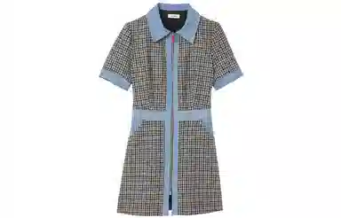 Sandro FW22 Denim Patchwork Plaid Dress Blue