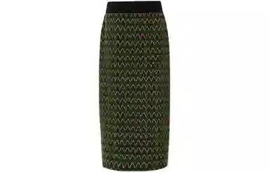 美洋 腰部松紧提花后部开叉针织半身裙 绿色