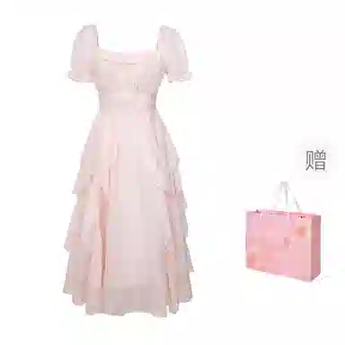 桴生 泡泡袖法式方领温柔短袖连衣裙 女款