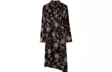 恒源祥 国风复古印花长袖连衣裙 黑色