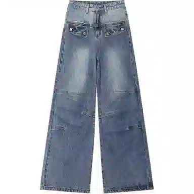 哒头下雨不愁 宽松阔腿适中牛仔裤 女款 蓝色