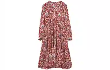 【dme】 花卉满印收腰显瘦长袖连衣裙 酱红色