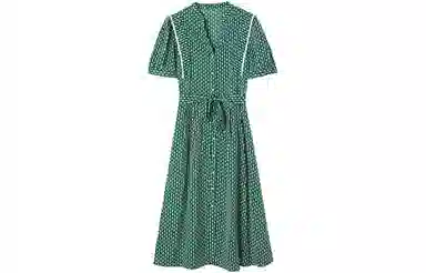 【dme】单排扣蝴蝶结满印短袖连衣裙 墨绿