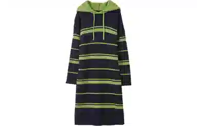 【dme】 条纹连帽针织长袖连衣裙 女款 藏青