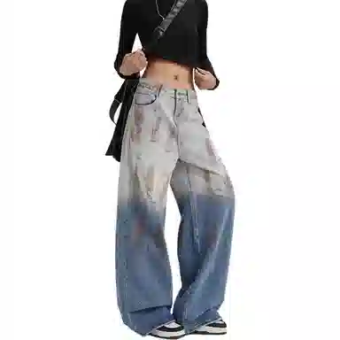 欧迪芬 美式撞色渐变水洗复古做旧休闲舒适百搭牛仔裤 女款 浅蓝