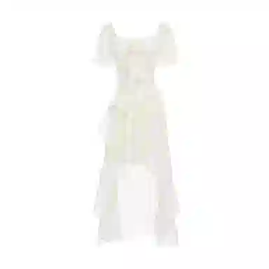 棉购 不规则荷叶边纯色短袖连衣裙 女款 杏色