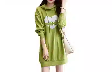 【dme】 爱心印花简约休闲连帽长袖连衣裙