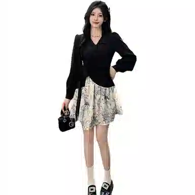 思蓓儿 水墨花设计感收腰长袖连衣裙 女款