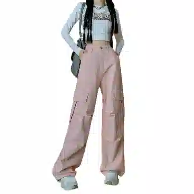 莫代尔 美式通勤纯色高腰宽松工装裤 女