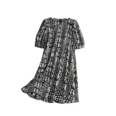 曲韩 法式圆领印花雪纺中长裙子复古减龄通勤夏季短袖连衣裙 女款 黑色