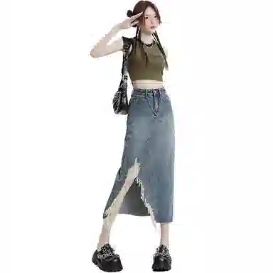 欧迪芬 美式高街设计感不规则毛边磨破垂感牛仔长裙 女款 复古蓝