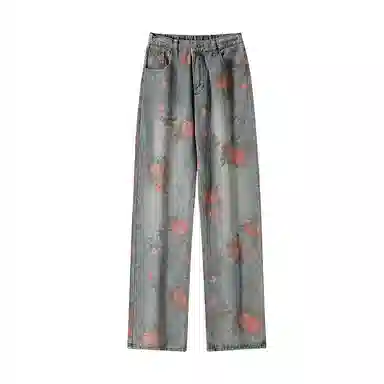欧迪芬 美式复古扎染高街设计感满印花朵薄款休闲高腰牛仔裤 女款 蓝色