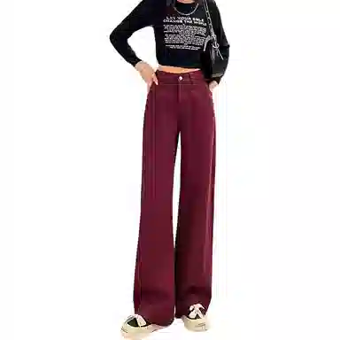 怪力萝莉 宽松复古高腰牛仔裤 女款 酒红色