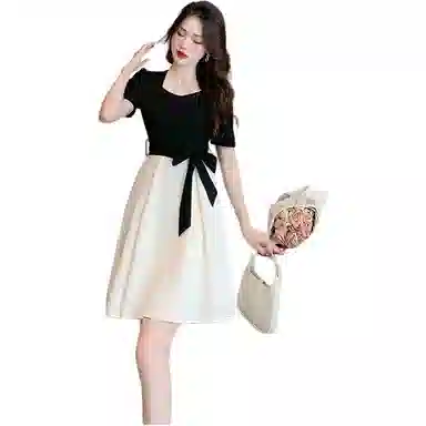 哒头下雨不愁 梨形身材茶歇法式气质名媛中长款短袖连衣裙 女款