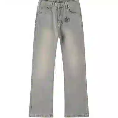 么宁 水洗拉链开叉美式复古宽松牛仔裤 男女同款