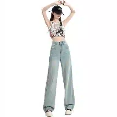 欧迪芬 美式基础水洗浅色系直筒女春夏阔腿小个子高腰宽松垂感牛仔裤 女款 浅蓝色