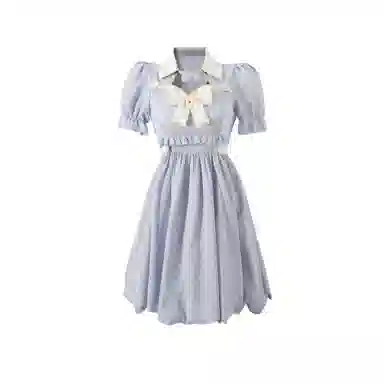 花山家的猫 收腰衬衫领拼色修身短款短袖连衣裙 女款 蓝色