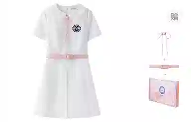 东鲸岁时记 学院风纯色收腰显瘦短袖连衣裙 女款 礼盒装 白色连衣裙 买赠皮带+领绳