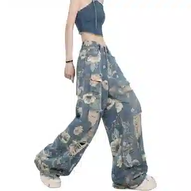 欧迪芬 美式破坏风辣妹复古做旧碎花满印破洞高腰宽松牛仔裤 女款 蓝色