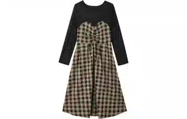 【dme】 格纹拼接假两件收腰长袖连衣裙 深咖