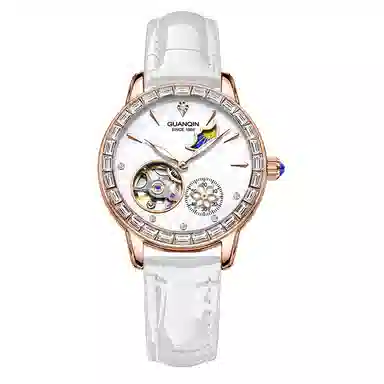 冠琴 绮梦星河系列 高颜值时尚潮流镶钻女士手表 自动机械机芯 牛皮表带 国表 女表 白色表盘 镂空飞轮夜光防水腕表