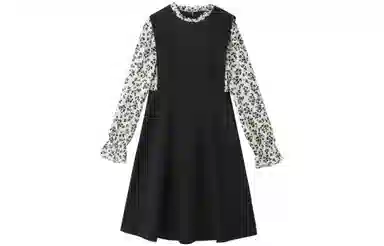 【dme】 撞色圆领碎花长袖连衣裙 黑色